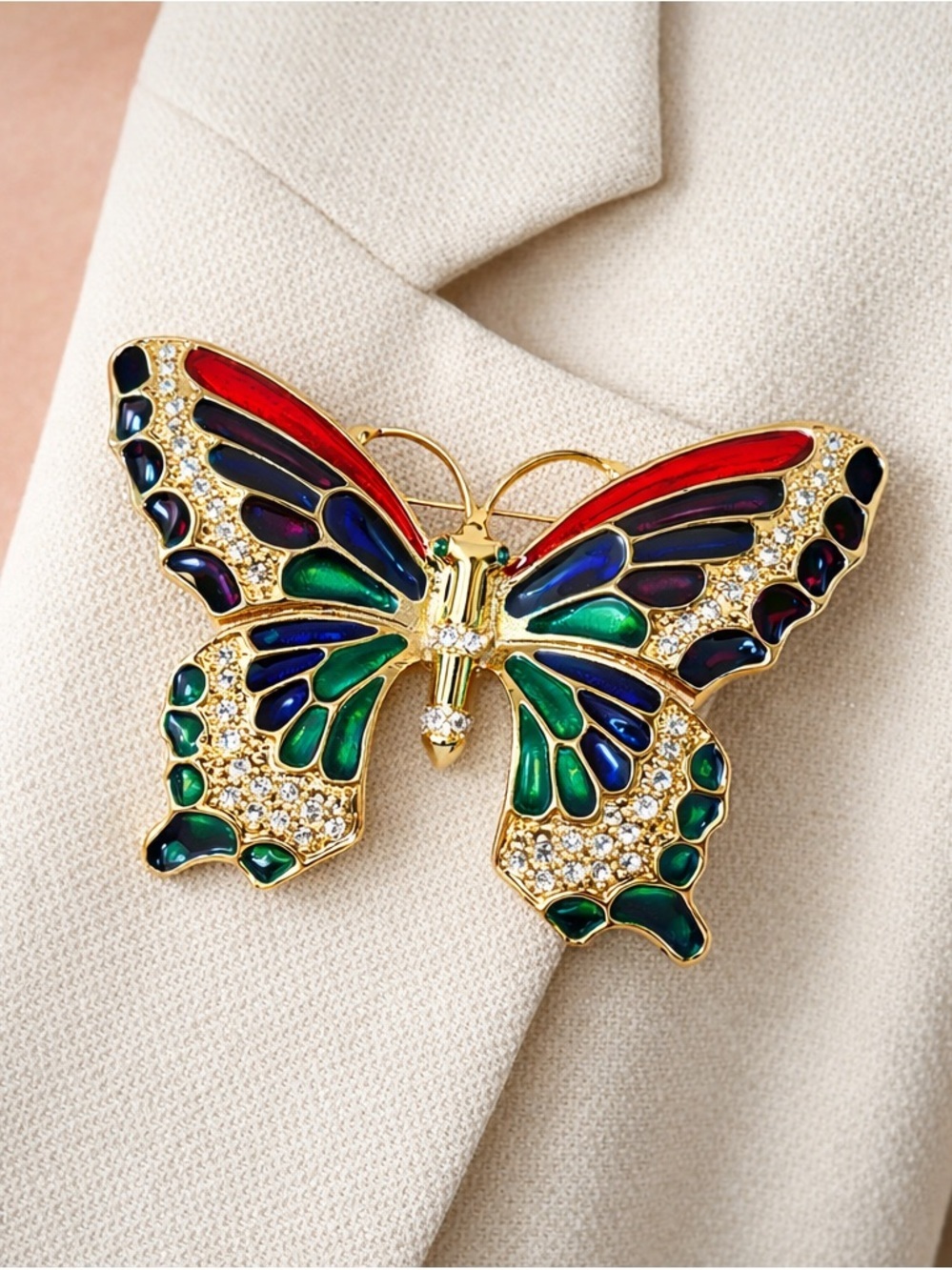 Large Gold Butterfly Brooch Multi Color Rhinestone Enamel Statement Pin